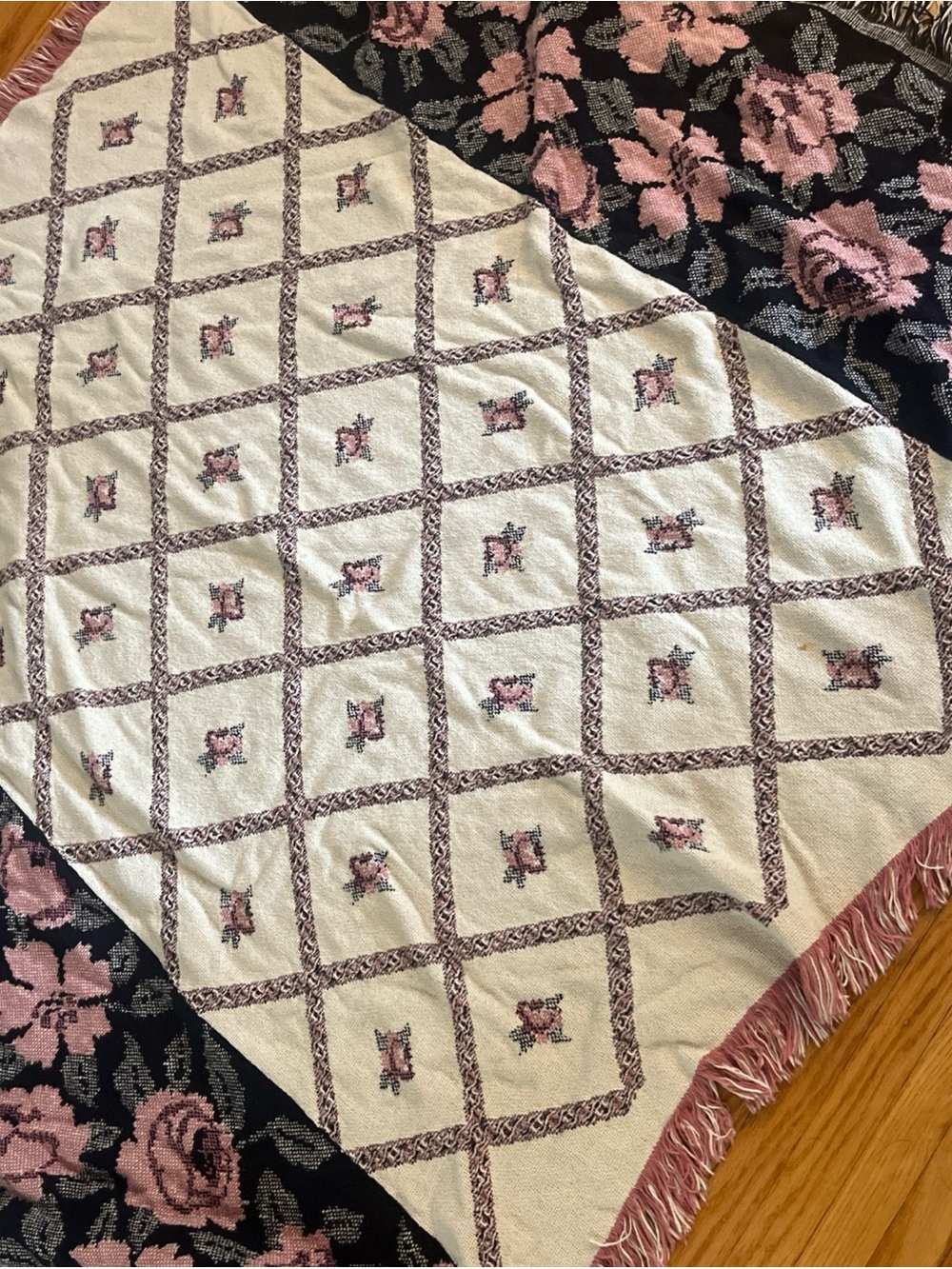 Fieldcrest Floral Rose Fringed Cotton Throw Blanket Cottagecore 50x60 USA VTG